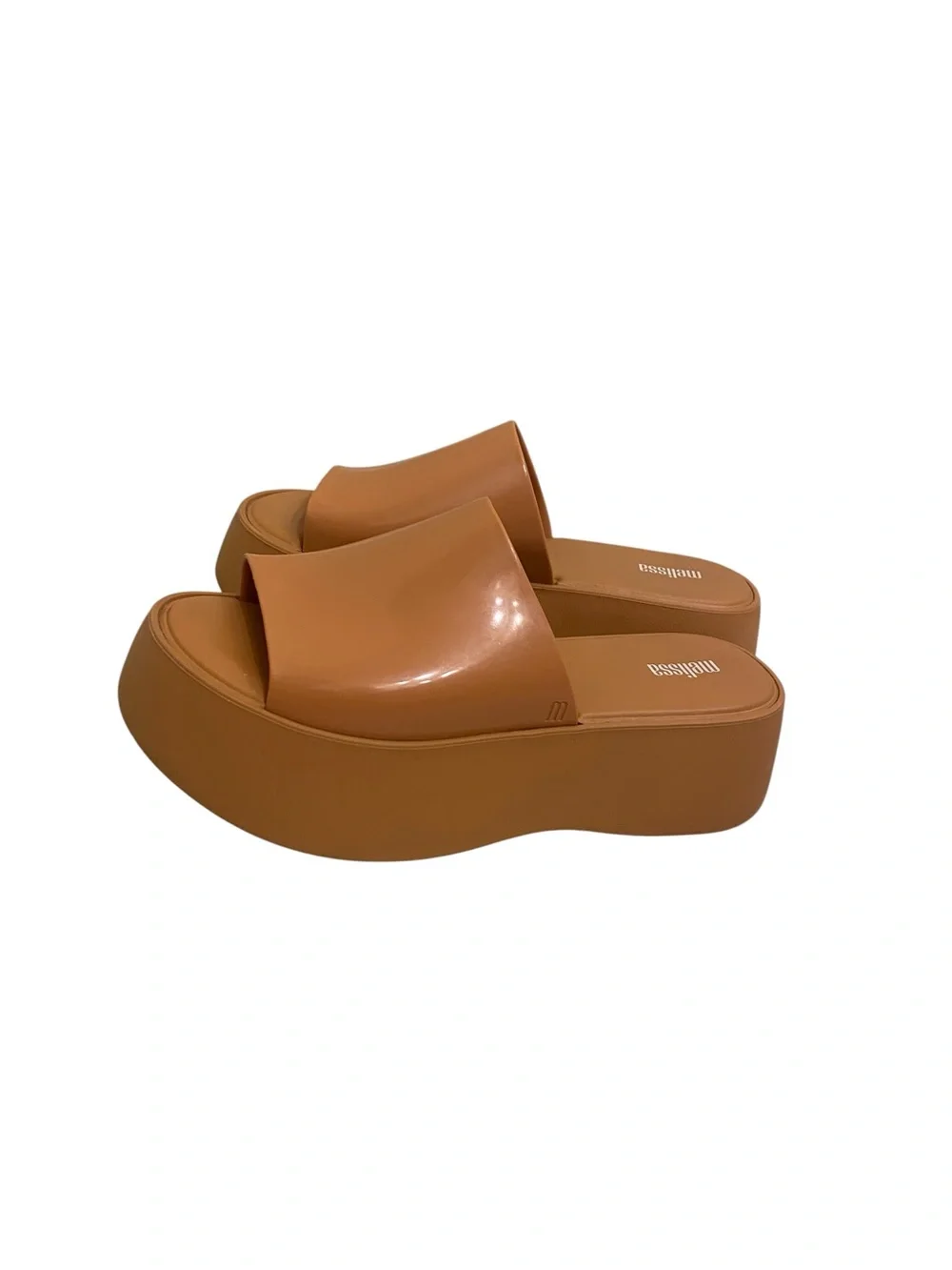 MELISSA WOMENS PLATFORM SLIDES IN CAMEL TAN SIZE 7 CHUNKY TRENDY EXPENSIVE